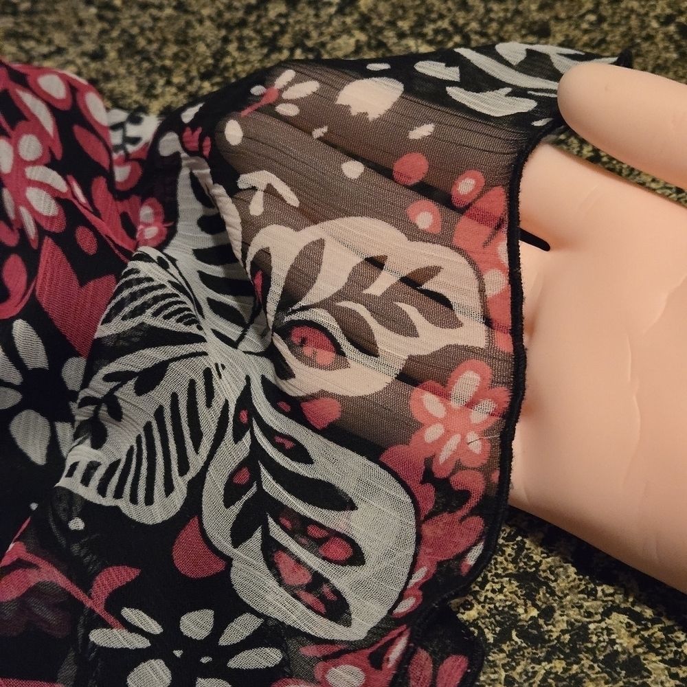 First Option Floral Black Pink White Women's L Top Sheer Shell & Sleeves Lined - Picture 8 of 12